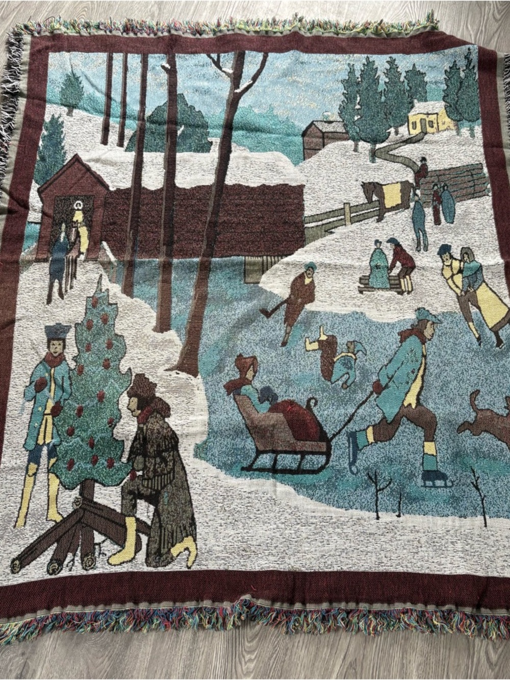 Vintage Woven Retro Tapestry Throw Blanket – Winter Village Scene 55” by 45”